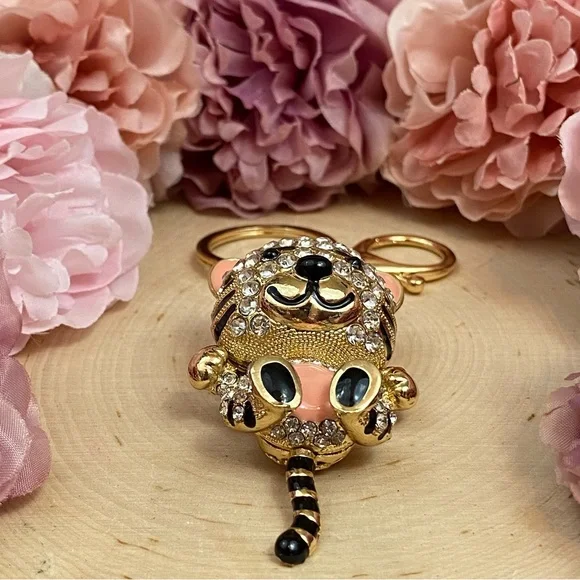 Peach and Silver Crystal Gold Tiger Keychain Charm - Picture 6 of 9